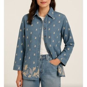 90s Vintage Denim Button Down Shirt MEDIUM Petite Embroidered Boho Western